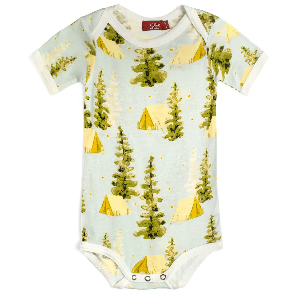 Milkbarn Camping Short Sleeve One Piece, a light blue baby bodysuit with a pine tree and yellow tent print