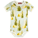 Milkbarn Camping Short Sleeve One Piece, a light blue baby bodysuit with a pine tree and yellow tent print
