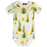 Milkbarn Camping Short Sleeve One Piece, a light blue baby bodysuit with a pine tree and yellow tent print