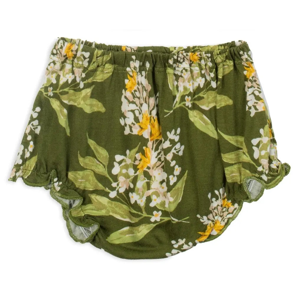 Milkbarn Green Floral Bloomer, the olive green floral ruffle bloomers shown on their own