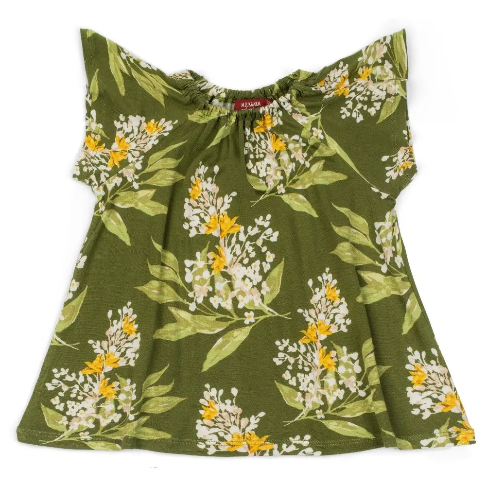 Milkbarn Green Floral Dress, the olive green floral baby dress shown on its own