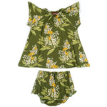 Milkbarn Green Floral Dress & Bloomer Set, an olive green baby dress and bloomers with a yellow and white floral print