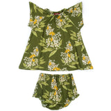Milkbarn Green Floral Dress & Bloomer Set, an olive green baby dress and bloomers with a yellow and white floral print