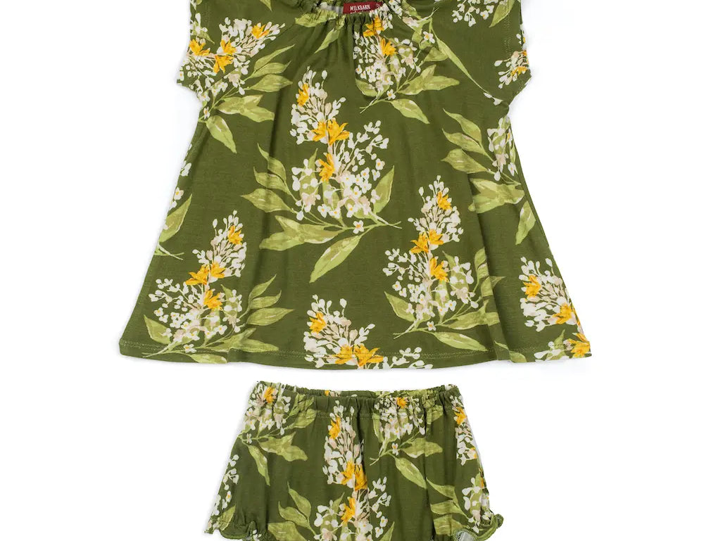 Milkbarn Green Floral Dress & Bloomer Set, an olive green baby dress and bloomers with a yellow and white floral print