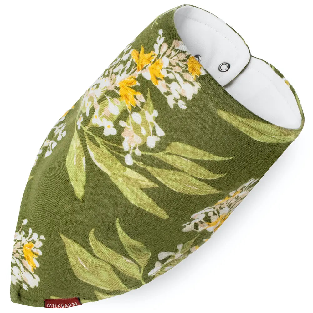 Milkbarn Green Floral Three-Layer Kerchief Bib shown from the side with snap closure