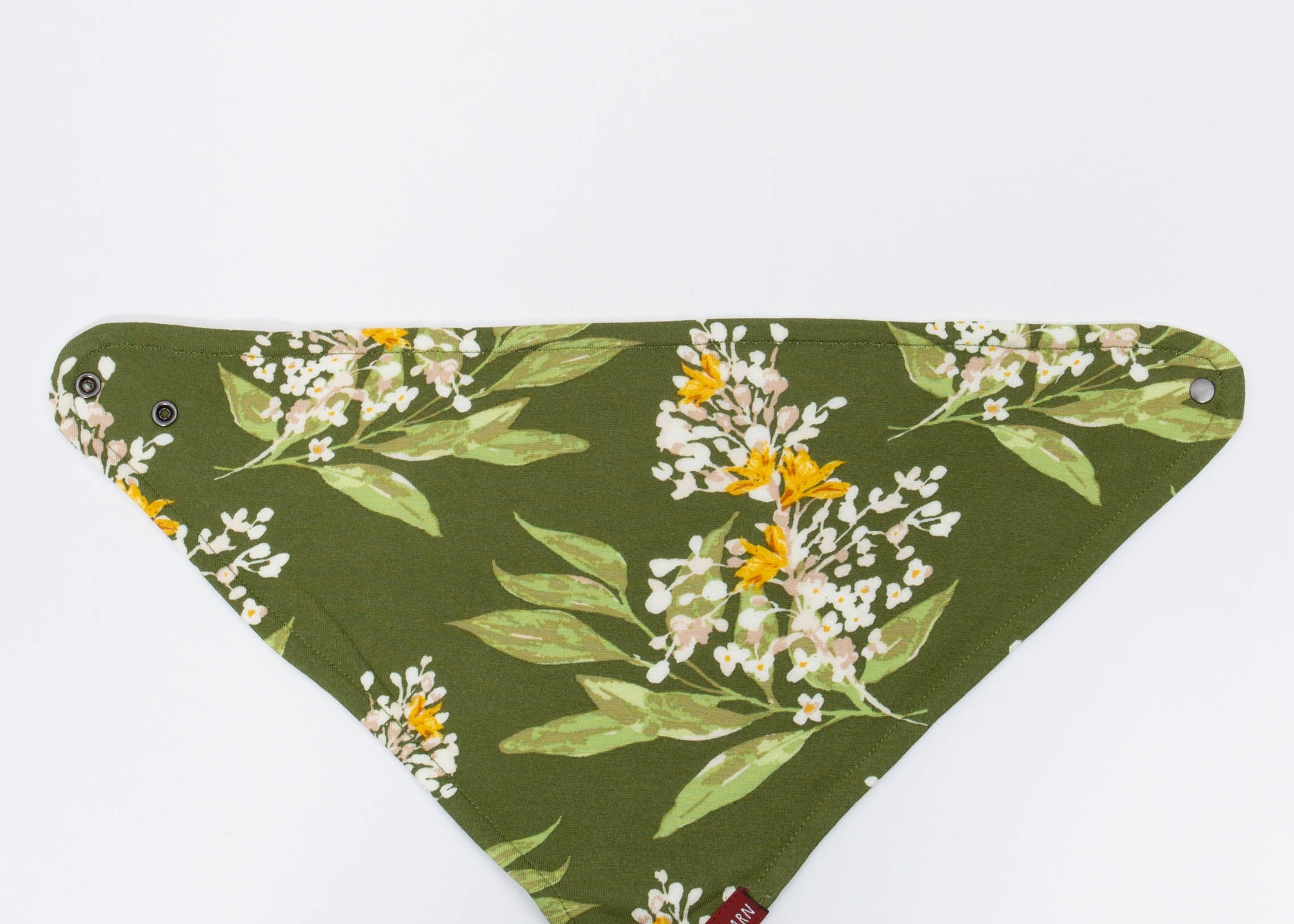 Milkbarn Green Floral Three-Layer Kerchief Bib, an olive green bandana bib with a floral print