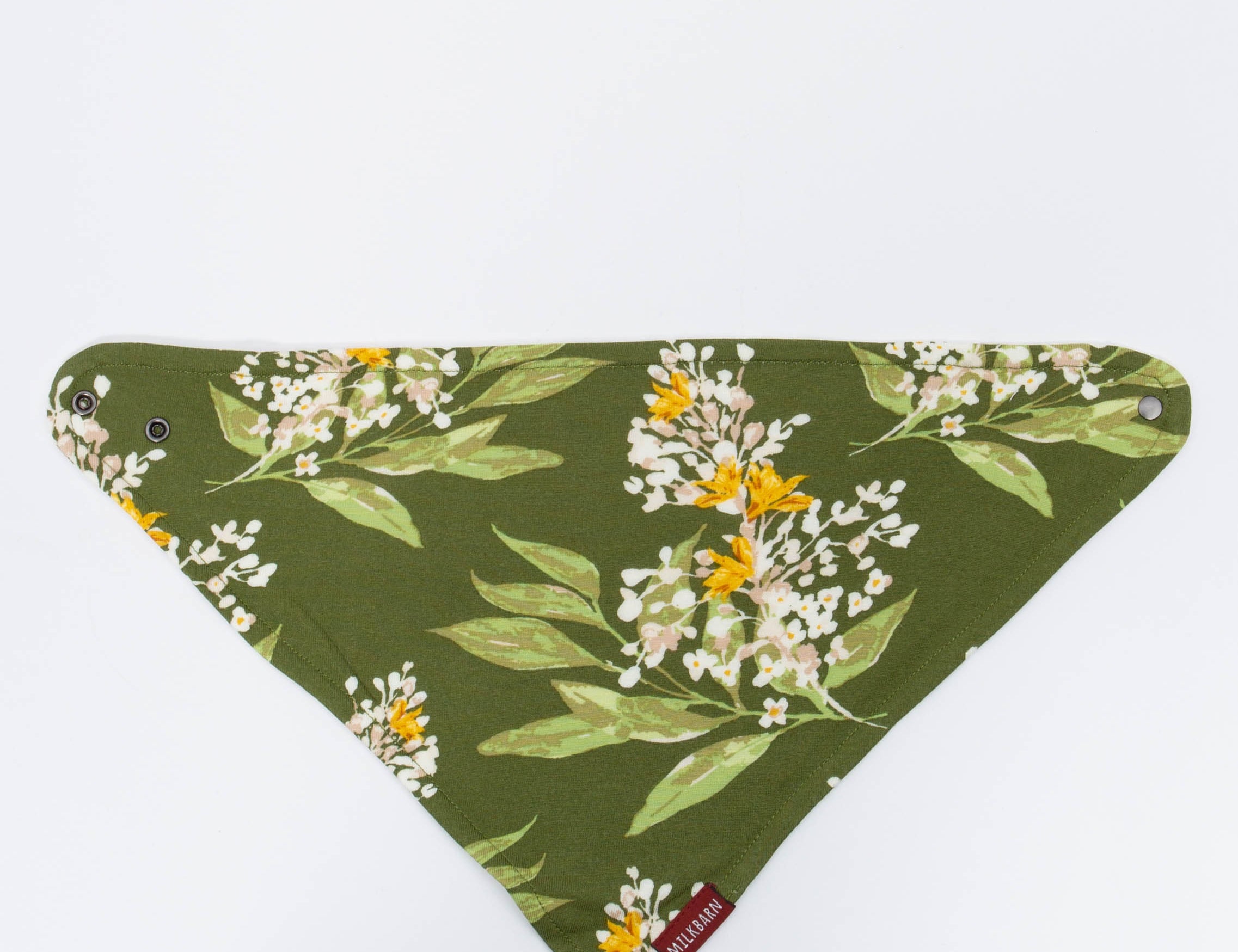 Milkbarn Green Floral Three-Layer Kerchief Bib, an olive green bandana bib with a floral print