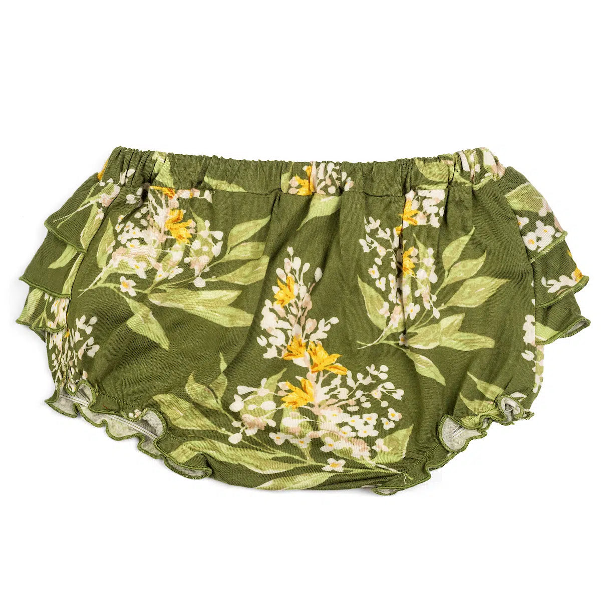 Milkbarn Green Floral Ruffle Bloomer, olive green baby bloomers with a yellow and white floral print