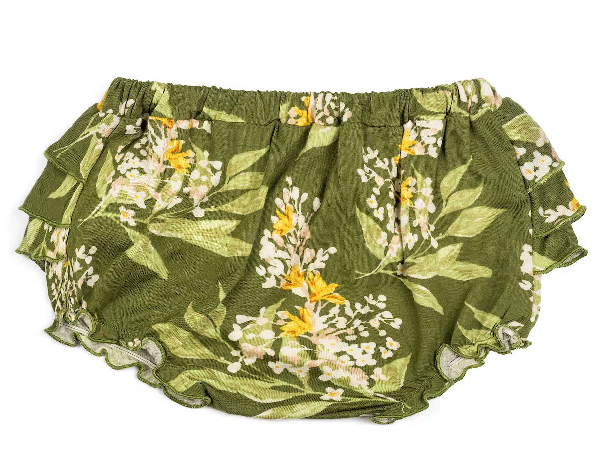 Milkbarn Green Floral Ruffle Bloomer, olive green baby bloomers with a yellow and white floral print