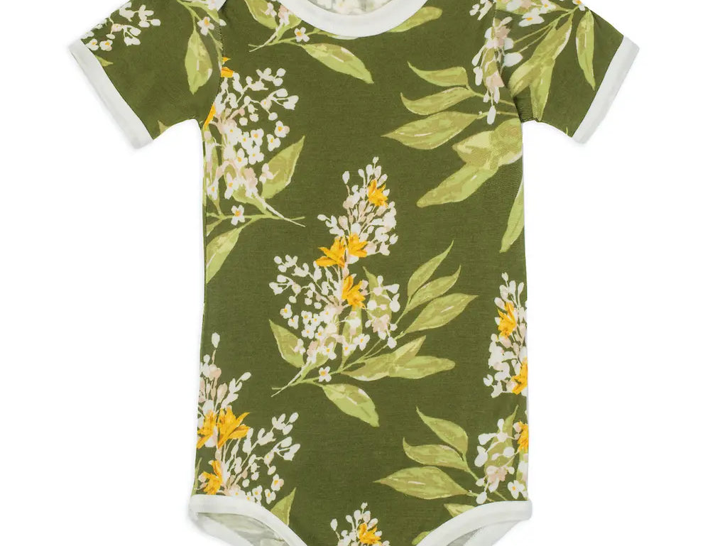Milkbarn Green Floral Short Sleeve One Piece, an olive green baby bodysuit with a yellow and white floral print
