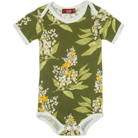 Milkbarn Green Floral Short Sleeve One Piece, an olive green baby bodysuit with a yellow and white floral print