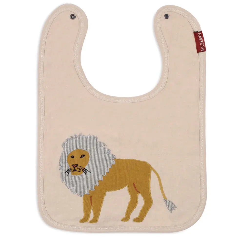 Milkbarn Lion Linen Two-Layer Bib, a cream linen bib with an appliqued mustard lion