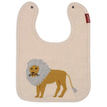Milkbarn Lion Linen Two-Layer Bib, a cream linen bib with an appliqued mustard lion