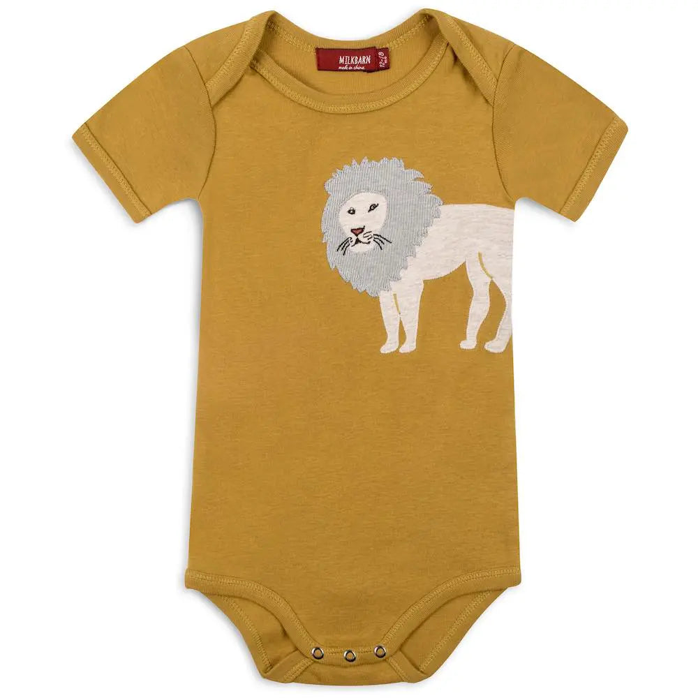 Milkbarn Lion Short Sleeve One Piece, a mustard yellow baby bodysuit with a lion applique