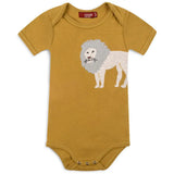 Milkbarn Lion Short Sleeve One Piece, a mustard yellow baby bodysuit with a lion applique
