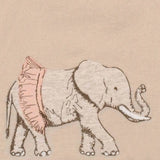 Close-up of the embroidered elephant in a pink tutu on the Milkbarn Tutu Elephant Linen Bib