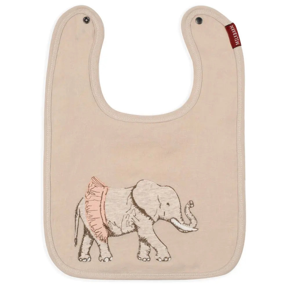 Milkbarn Tutu Elephant Linen Two-Layer Bib, a blush linen bib with an appliqued elephant in a tutu