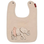 Milkbarn Tutu Elephant Linen Two-Layer Bib, a blush linen bib with an appliqued elephant in a tutu