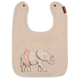 Milkbarn Tutu Elephant Linen Two-Layer Bib, a blush linen bib with an appliqued elephant in a tutu