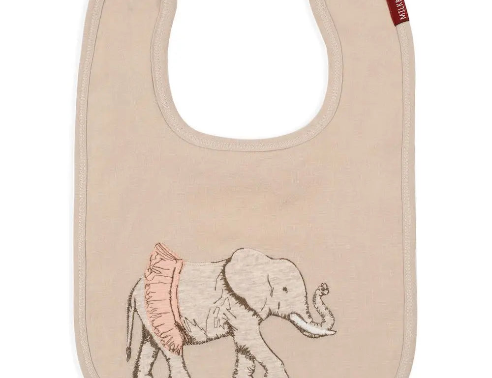 Milkbarn Tutu Elephant Linen Two-Layer Bib, a blush linen bib with an appliqued elephant in a tutu