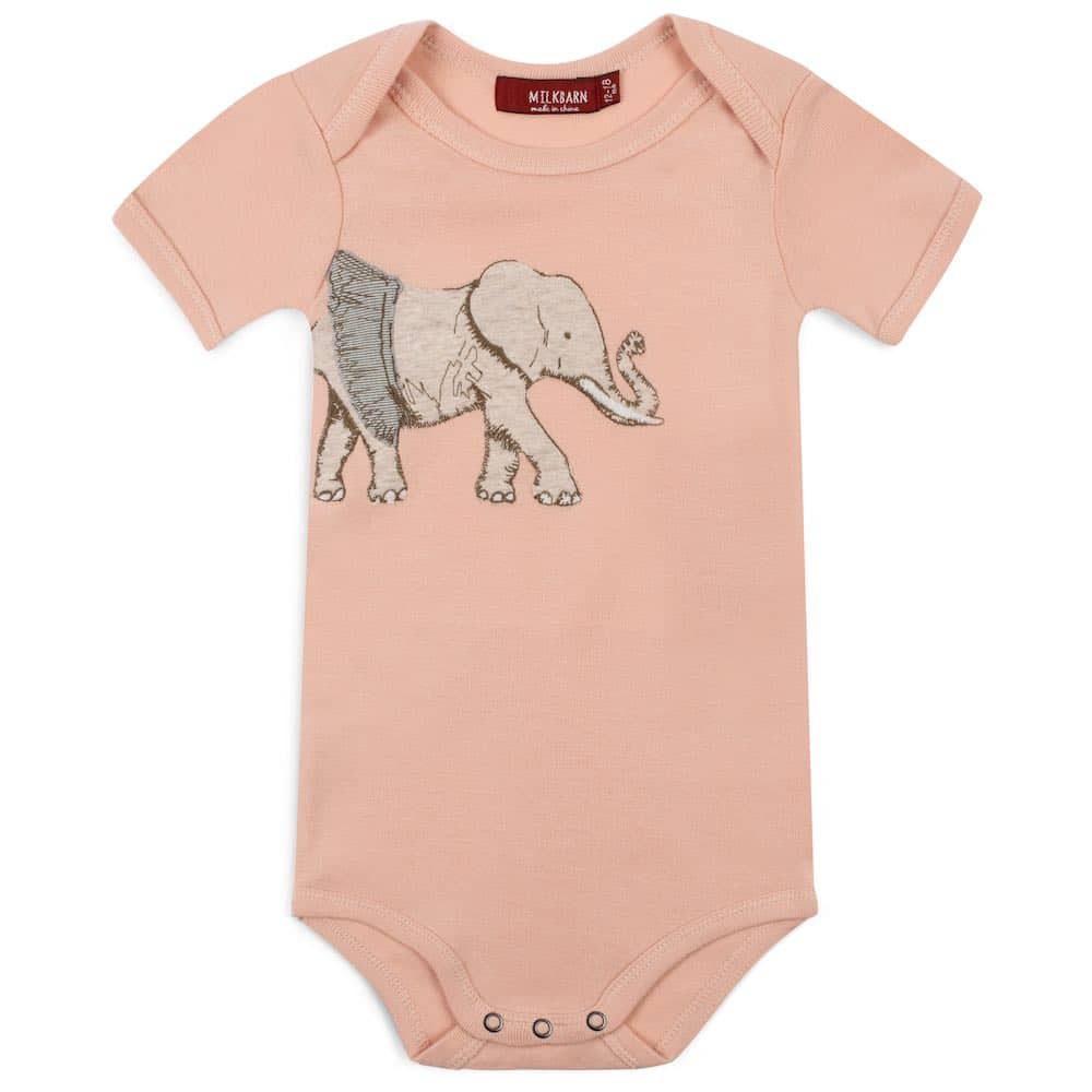Milkbarn Tutu Elephant Short Sleeve One Piece, a blush baby bodysuit with an elephant in a tutu applique