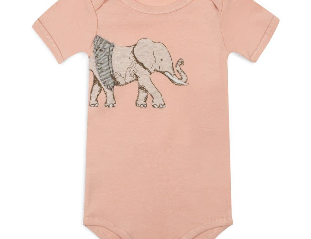 Milkbarn Tutu Elephant Short Sleeve One Piece, a blush baby bodysuit with an elephant in a tutu applique