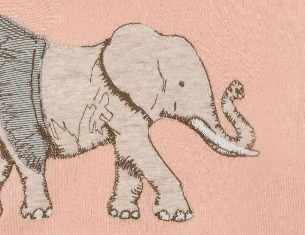 Close-up of the elephant in a tutu applique on the Milkbarn Tutu Elephant Short Sleeve One Piece
