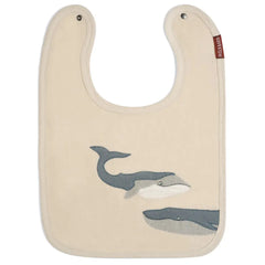 Milkbarn Whale Linen Two-Layered Bib, a cream linen bib with two appliqued gray whales