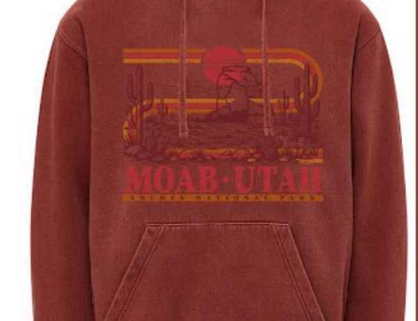 Garment dyed Moab hoodie with a vintage desert sunset graphic