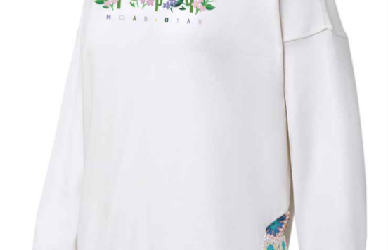 Crystal white Moab hoodie with a row of cacti and desert wildflowers over Moab Utah