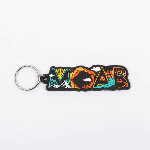 Moab keychain, MOAB embroidered in block letters with a sunburst, mountains, an arch and a river inside the letters, on a silver split ring.