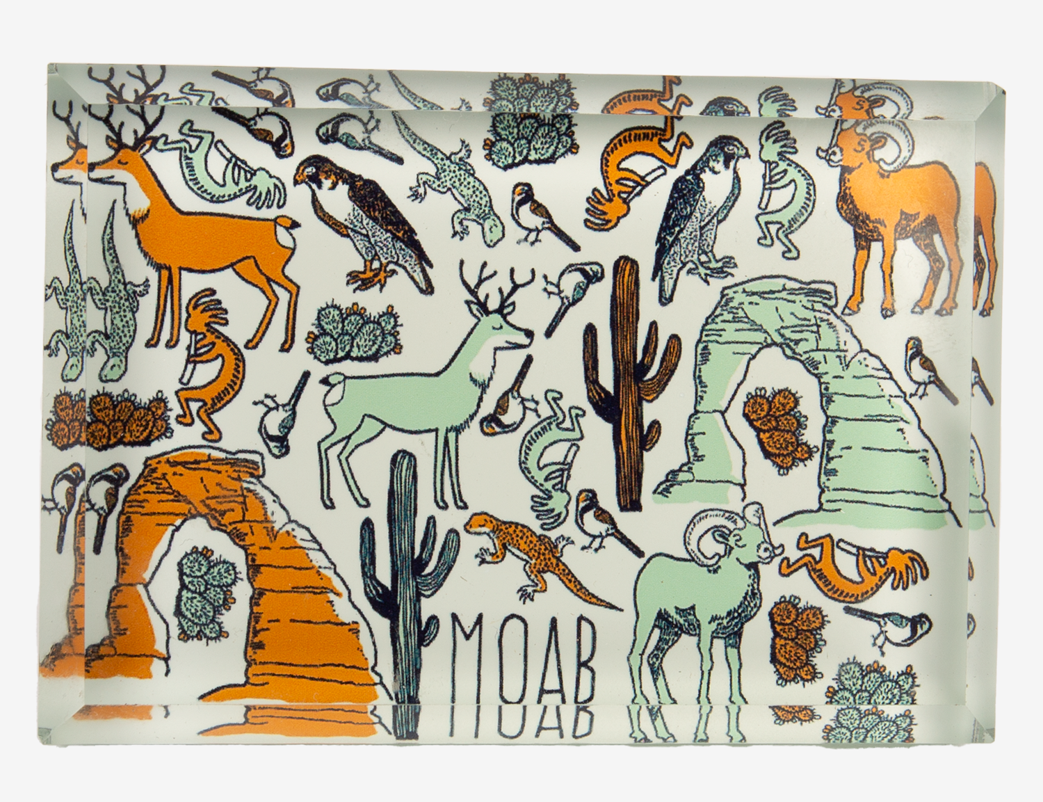 Glass Moab magnet patterned with desert animals, cacti and arches in orange and teal linework