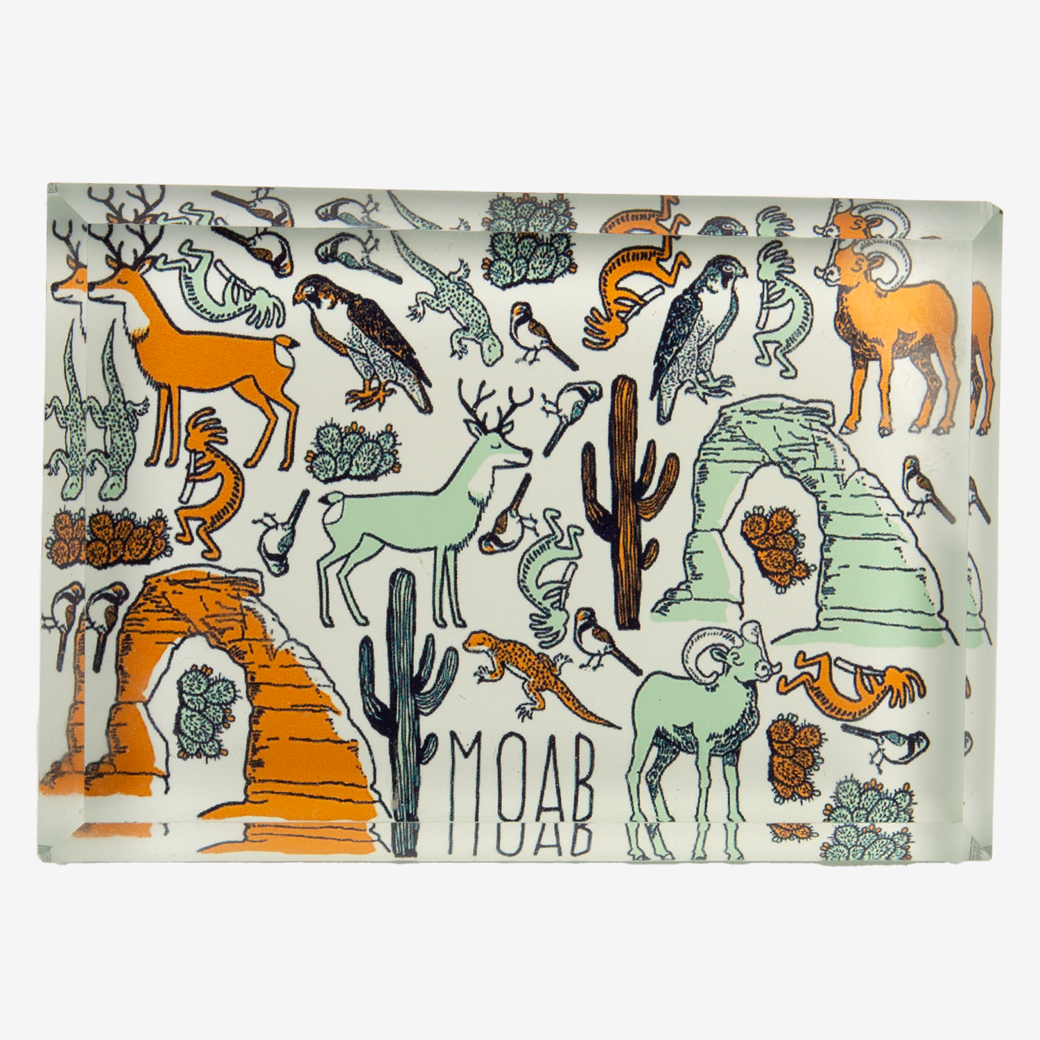 Glass Moab magnet patterned with desert animals, cacti and arches in orange and teal linework