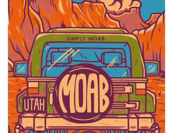Illustrated Moab magnet with a green Jeep driving into orange canyon walls under a teal sky