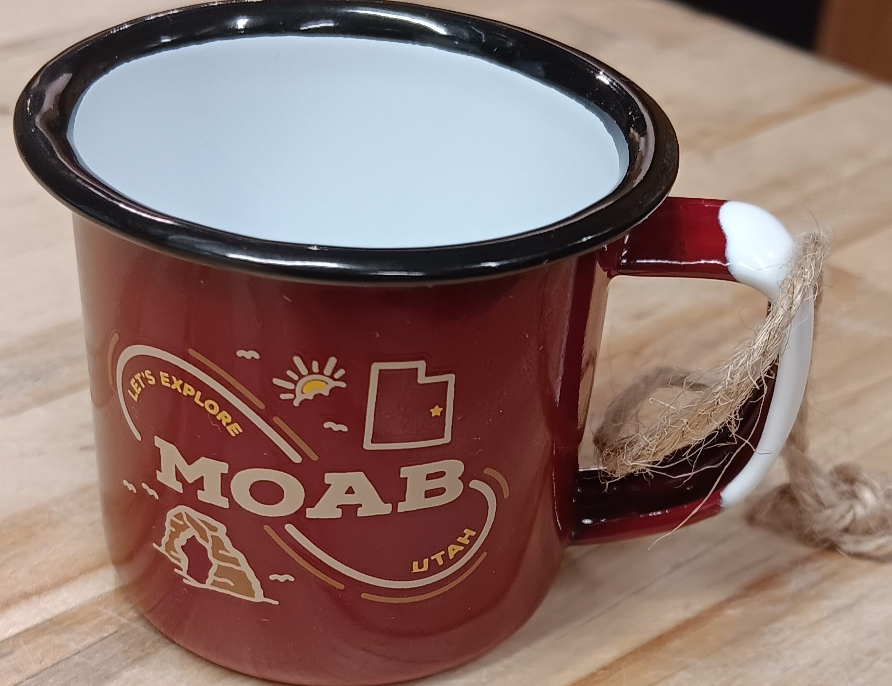 Miniature red enamel camp mug ornament lettered Let's Explore Moab Utah