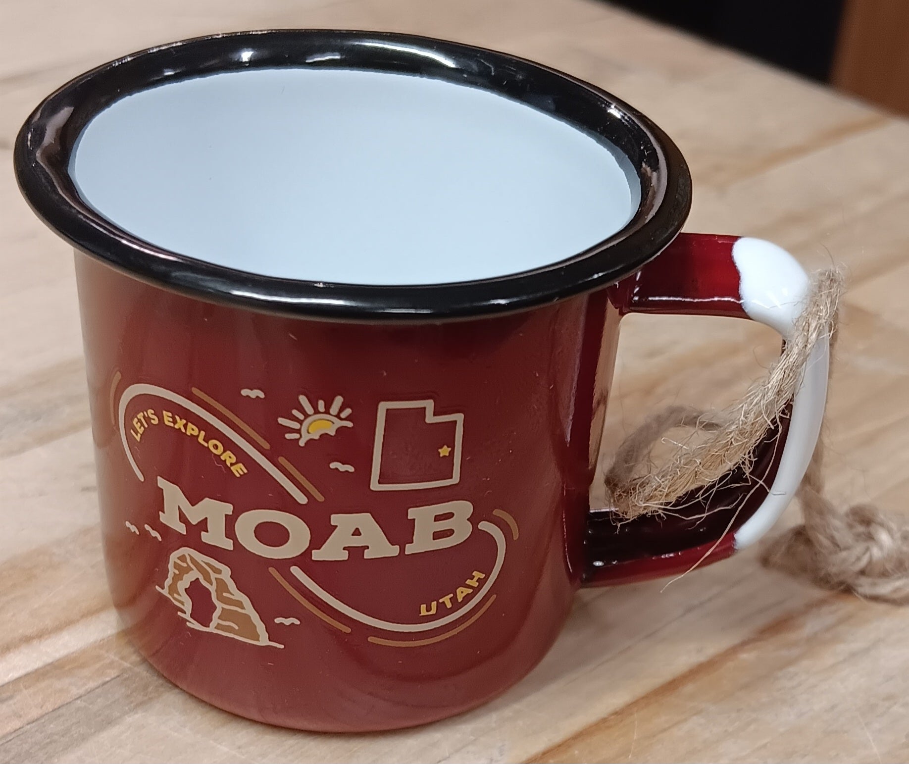 Miniature red enamel camp mug ornament lettered Let's Explore Moab Utah
