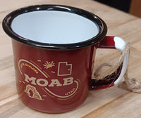 Miniature red enamel camp mug ornament lettered Let's Explore Moab Utah