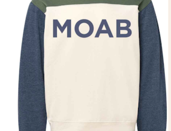 Colorblock Moab crewneck with vintage olive shoulders, cream body and navy sleeves