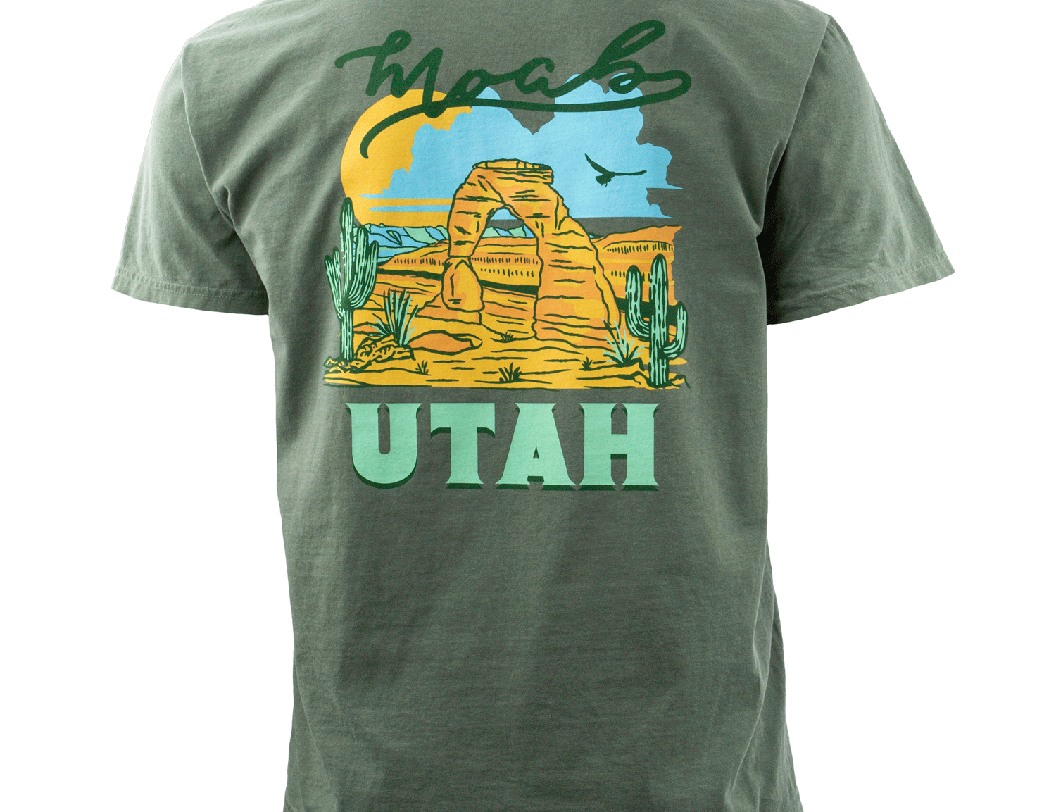 Moab t shirt in moss with a sandstone arch, cacti and open desert sky, second view