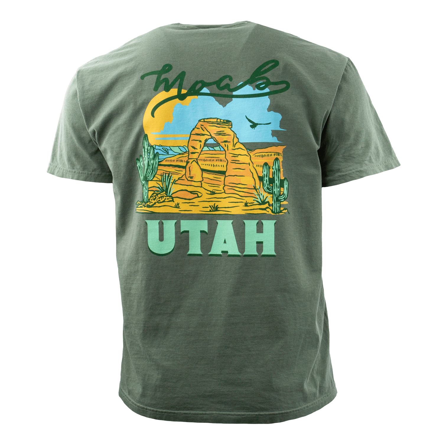 Moab t shirt in moss with a sandstone arch, cacti and open desert sky, second view