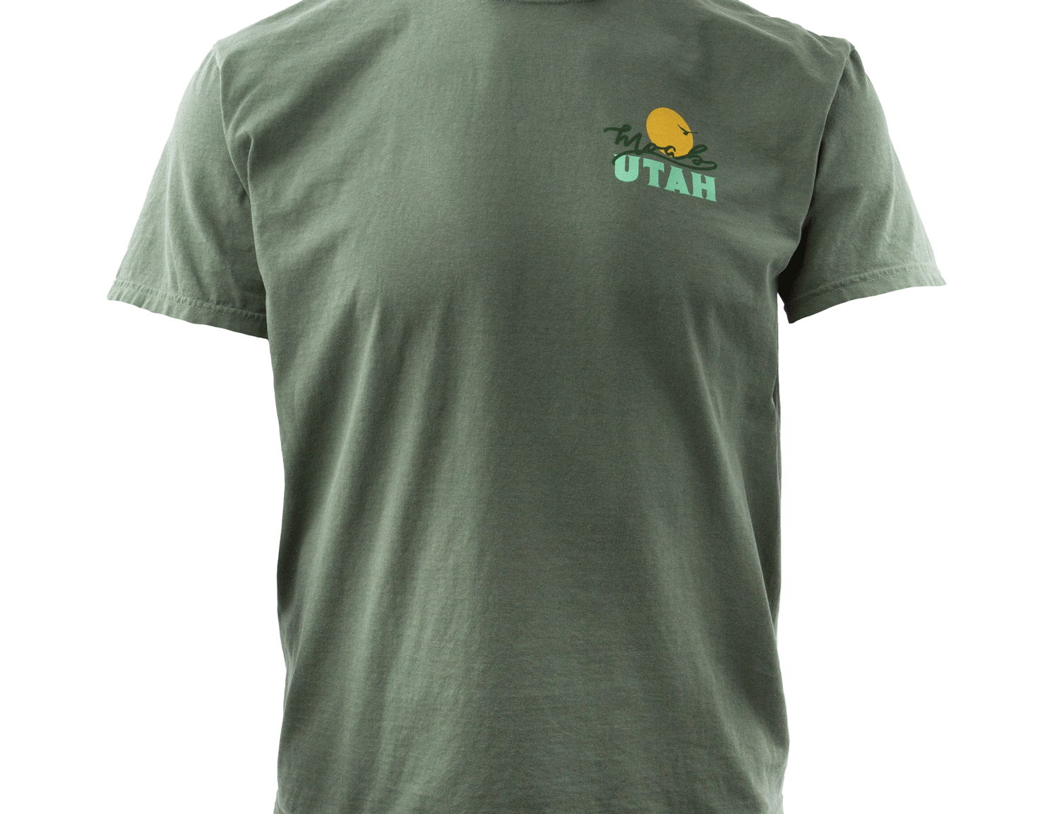 Moab t shirt in moss with a sandstone arch, cacti and open desert sky