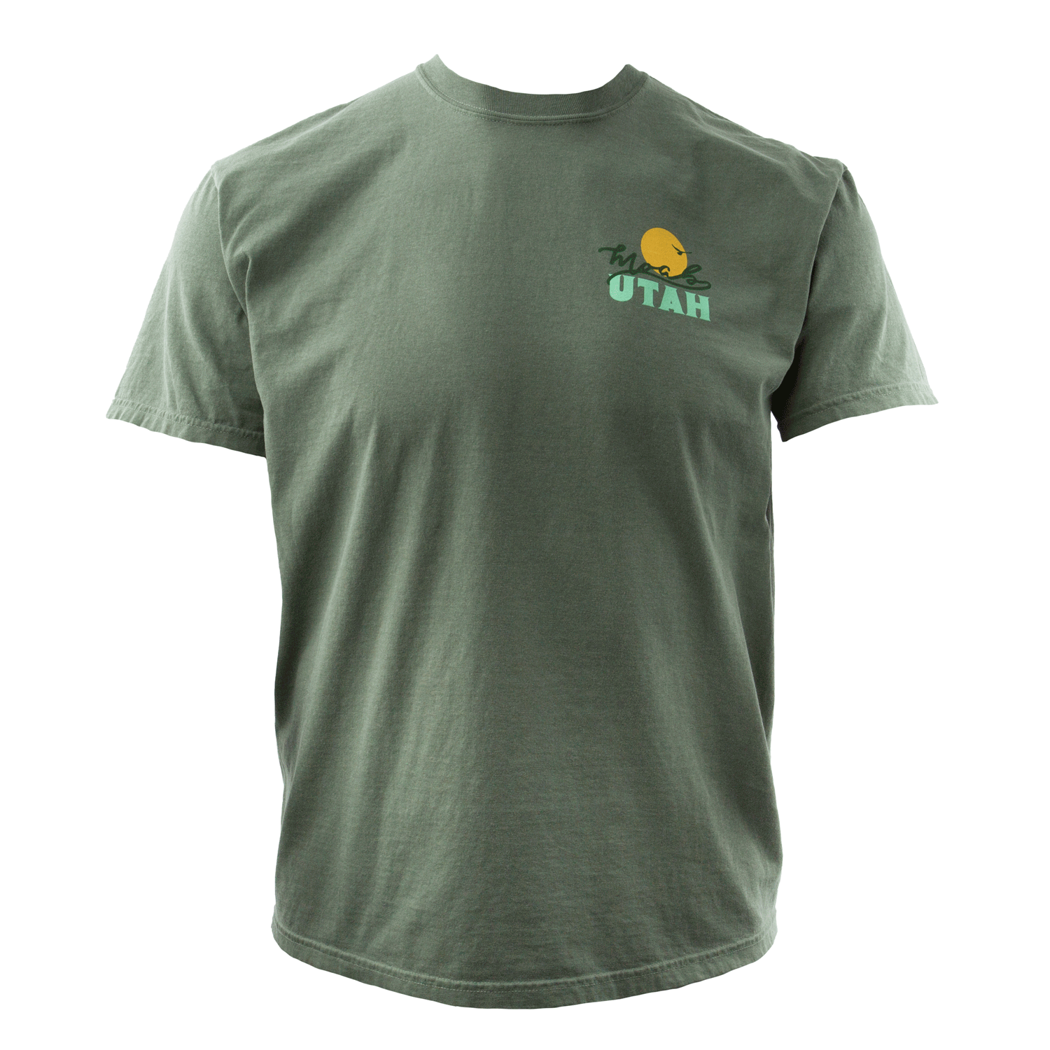 Moab t shirt in moss with a sandstone arch, cacti and open desert sky