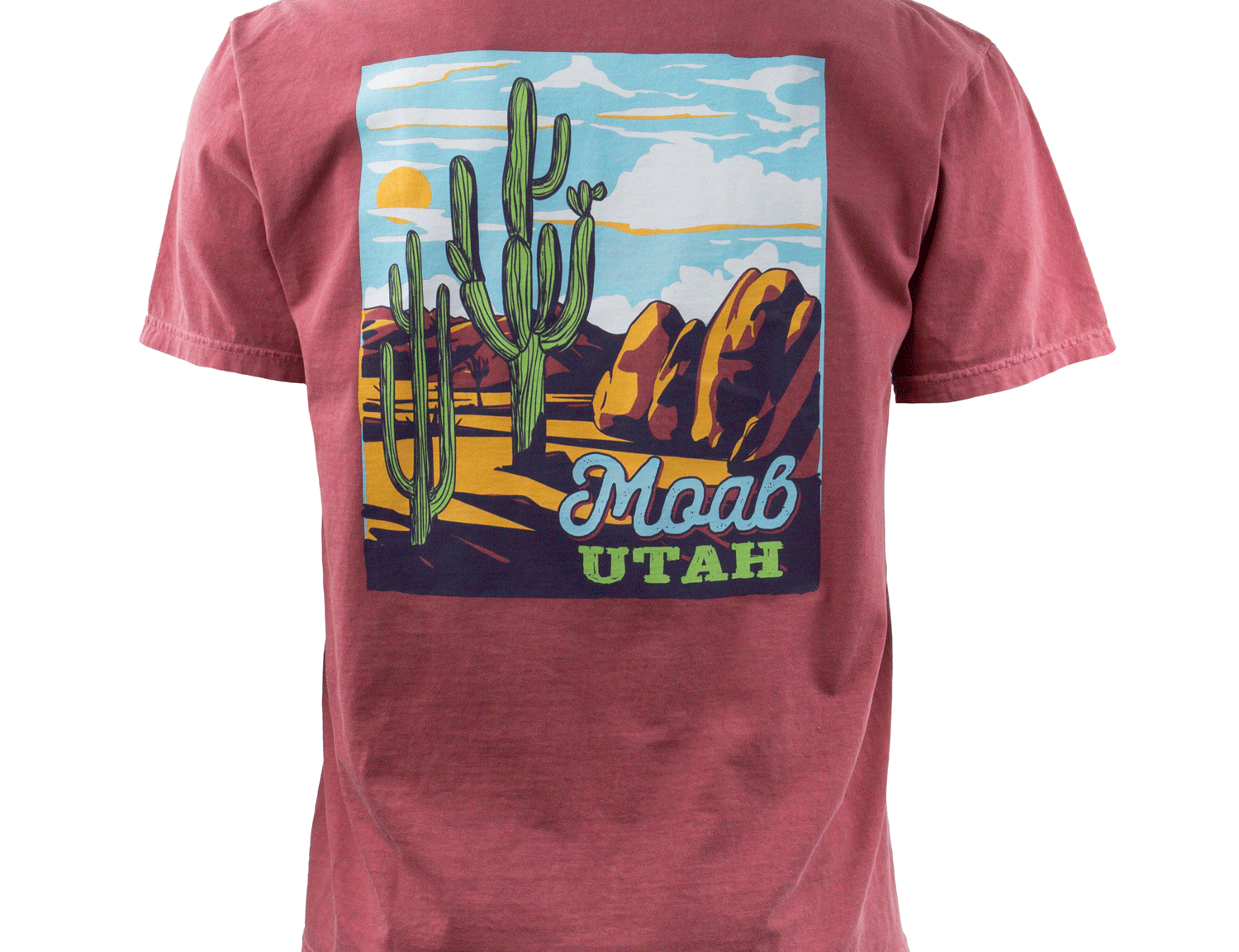 Moab t shirt in brick with towering cacti, red rock and a sunset sky, second view