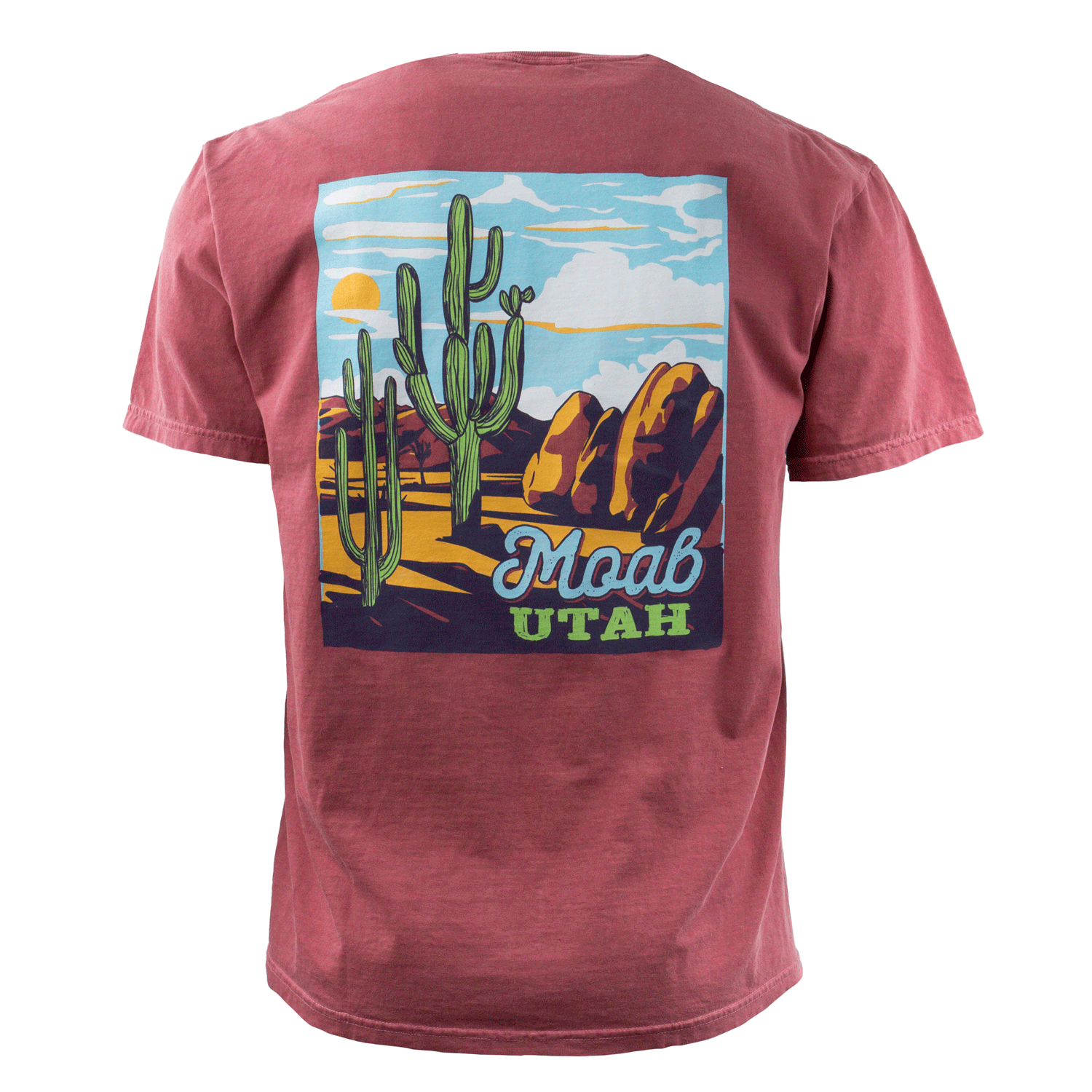 Moab t shirt in brick with towering cacti, red rock and a sunset sky, second view
