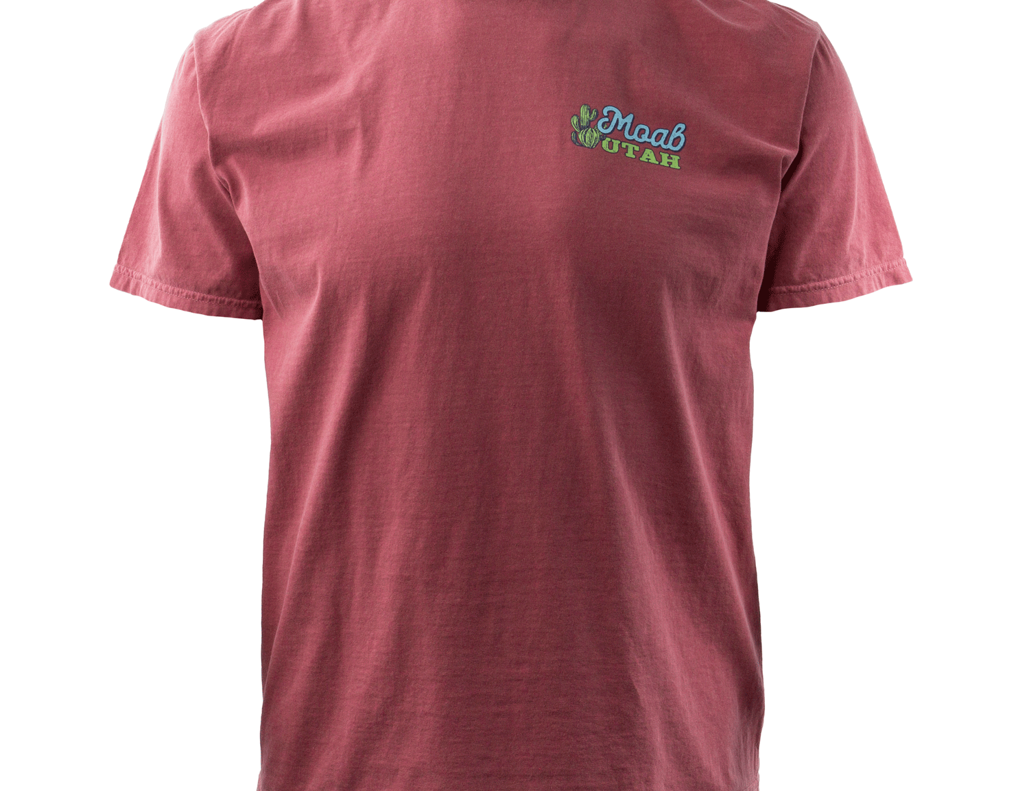 Moab t shirt in brick with towering cacti, red rock and a sunset sky