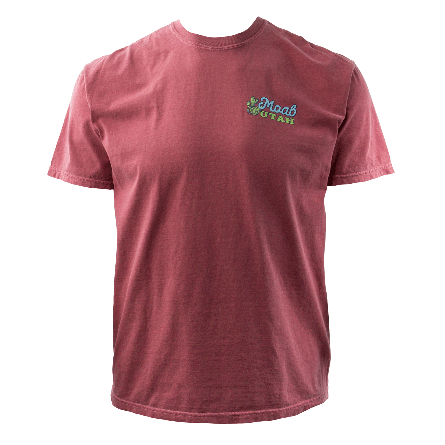 Moab t shirt in brick with towering cacti, red rock and a sunset sky