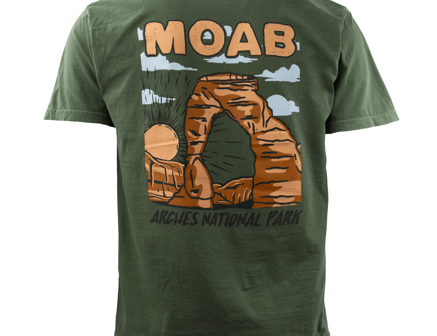 Moab t shirt in sage with a bold Delicate Arch and desert sunrise, second view