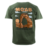 Moab t shirt in sage with a bold Delicate Arch and desert sunrise, second view