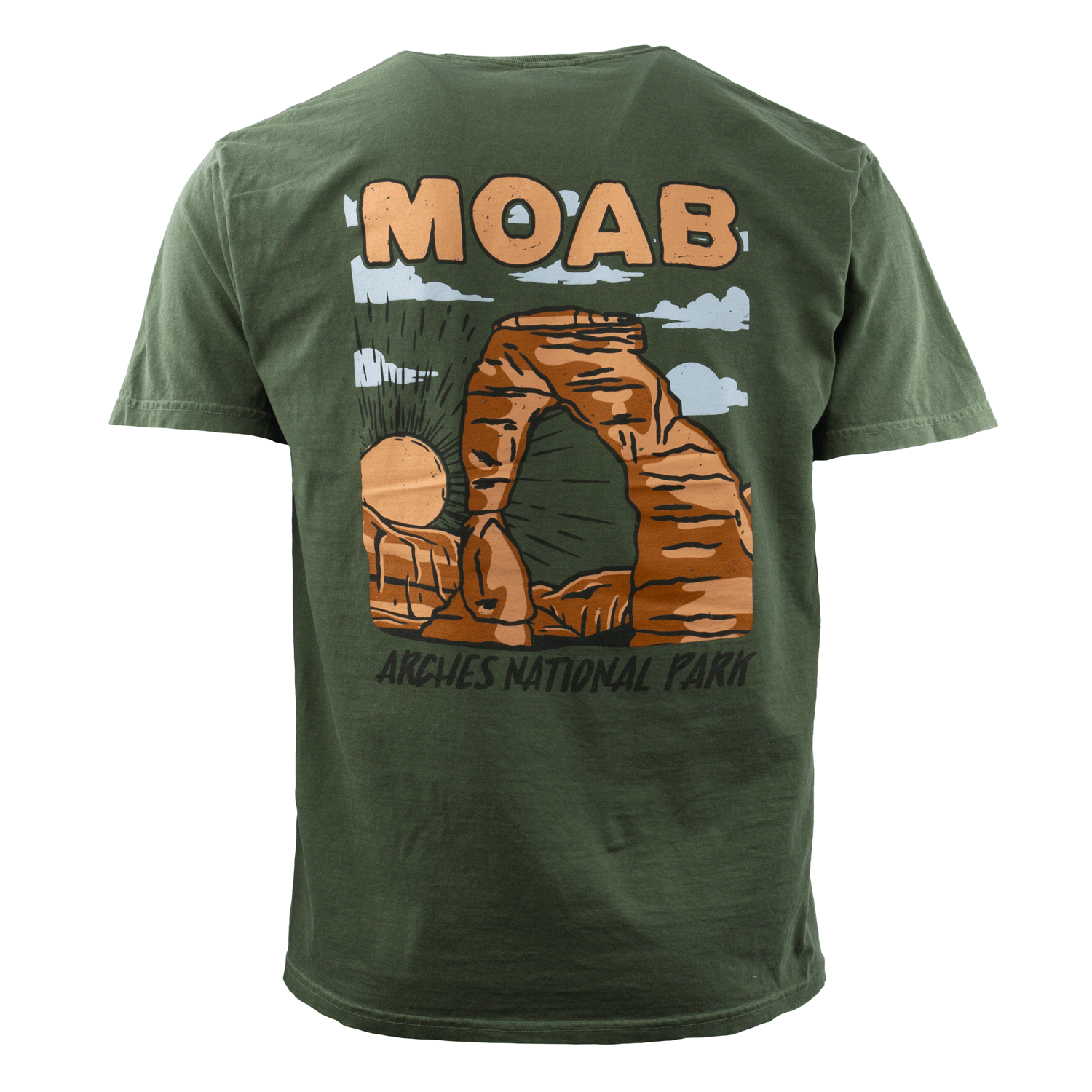 Moab t shirt in sage with a bold Delicate Arch and desert sunrise, second view