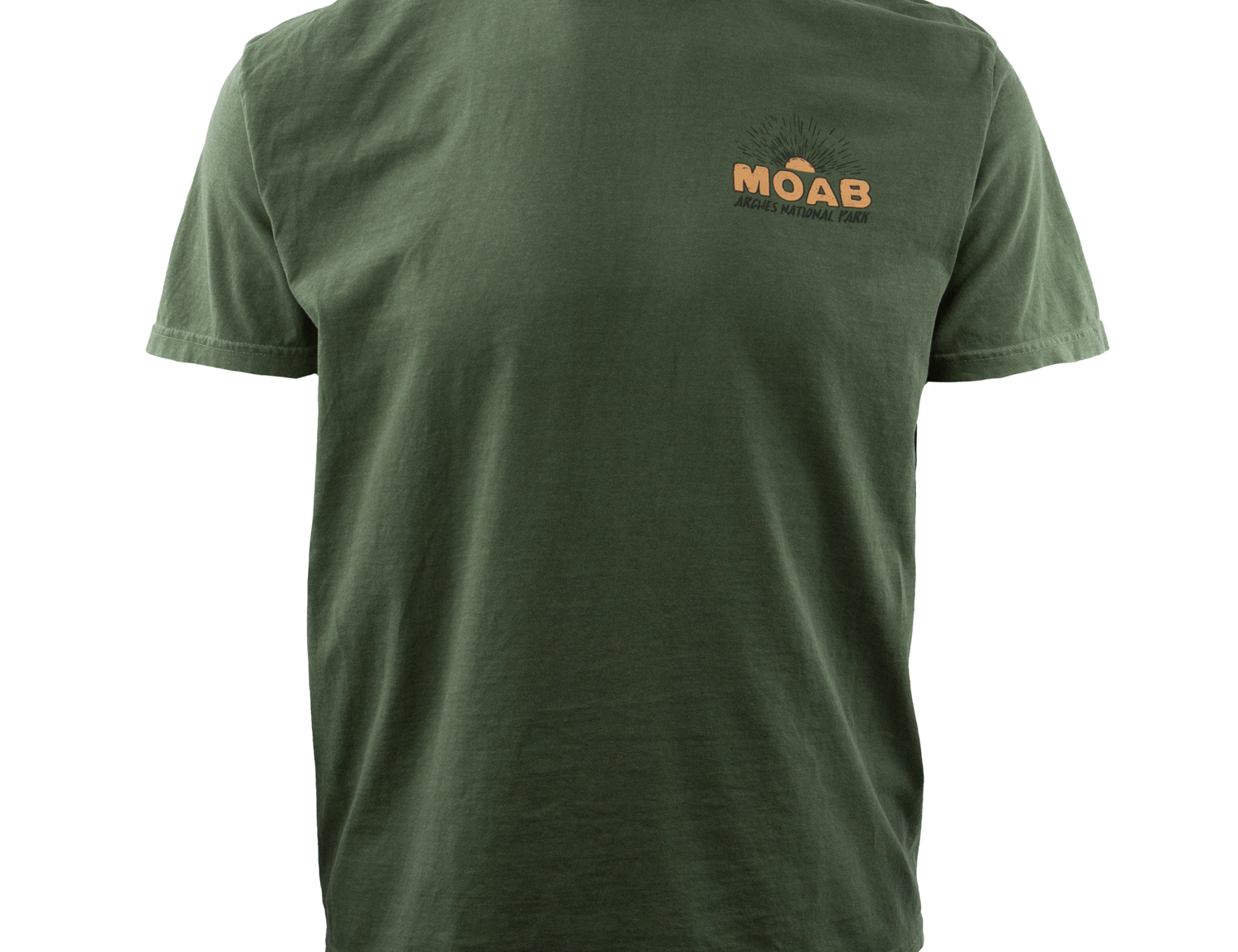 Moab t shirt in sage with a bold Delicate Arch and desert sunrise